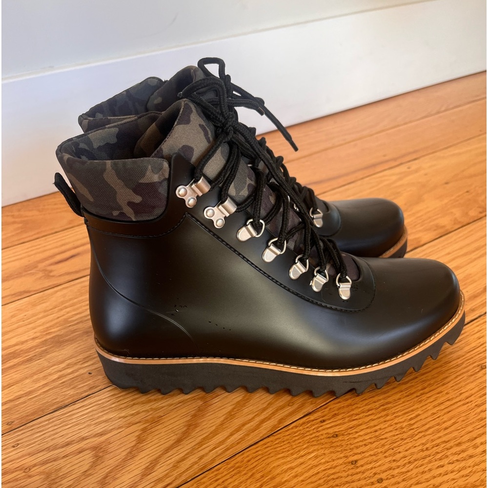 Bernardo Black Lace-Up Boots with Camouflage Accent